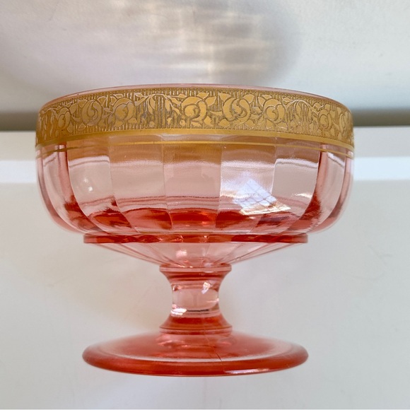 Vintage Pink Glass Footed Compote Candy Dish Gold Trim Tiffin Rambler Rose - Picture 8 of 14
